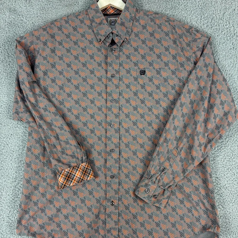 Cinch Shirt Mens Large Gray Orange Geometric Western Button Down Long Sleeve‎ - Picture 2 of 11